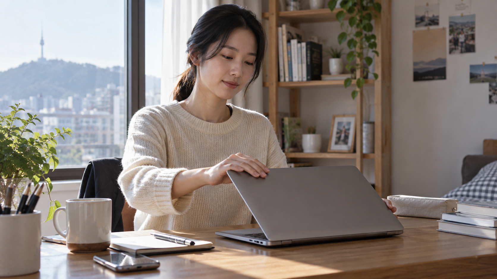 참고6: 일을 마치고 노트북을 닫는 연출 장면
