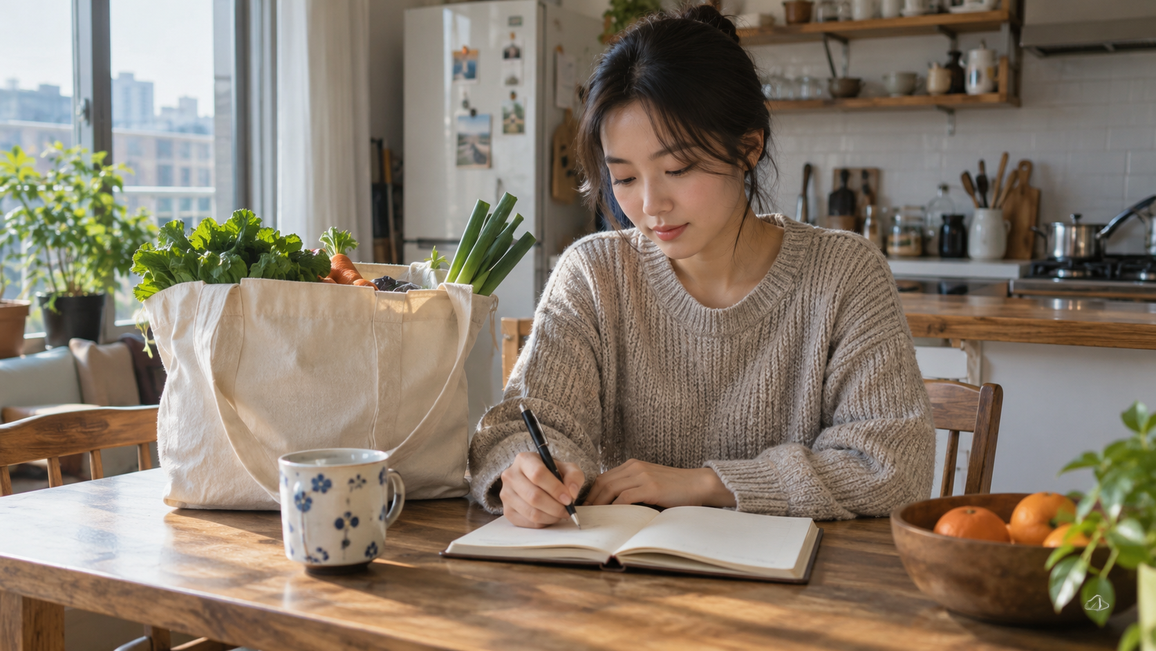 참고7: 장바구니와 메모를 준비한 연출 사진