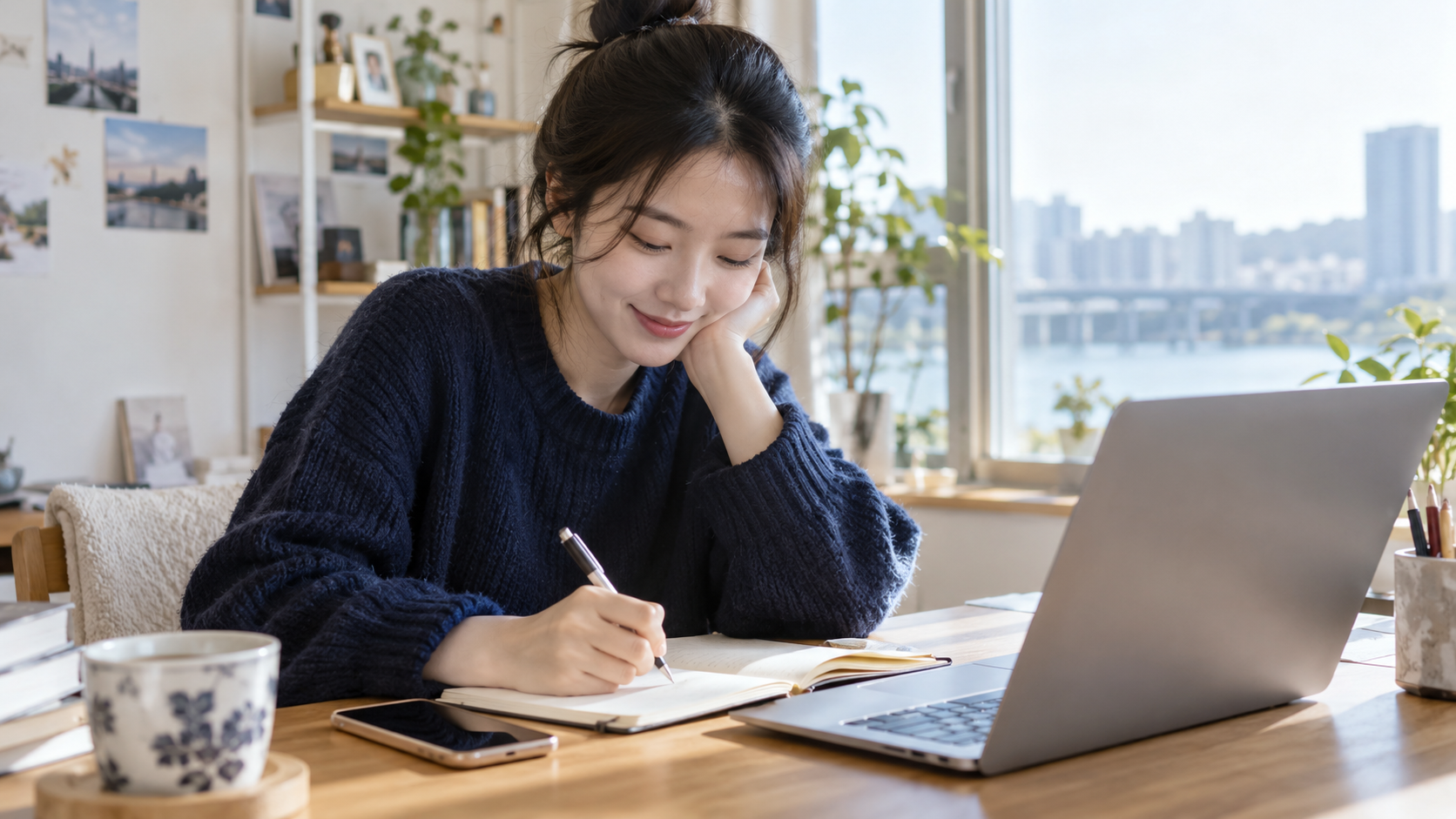 참고3: 휴대폰과 메모 도구의 연출 사진